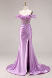 Purple Floral Mermaid Off the Shoulder Long Corset Prom Dress with 3D Flowers