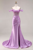 Purple Floral Mermaid Off the Shoulder Long Corset Prom Dress with 3D Flowers