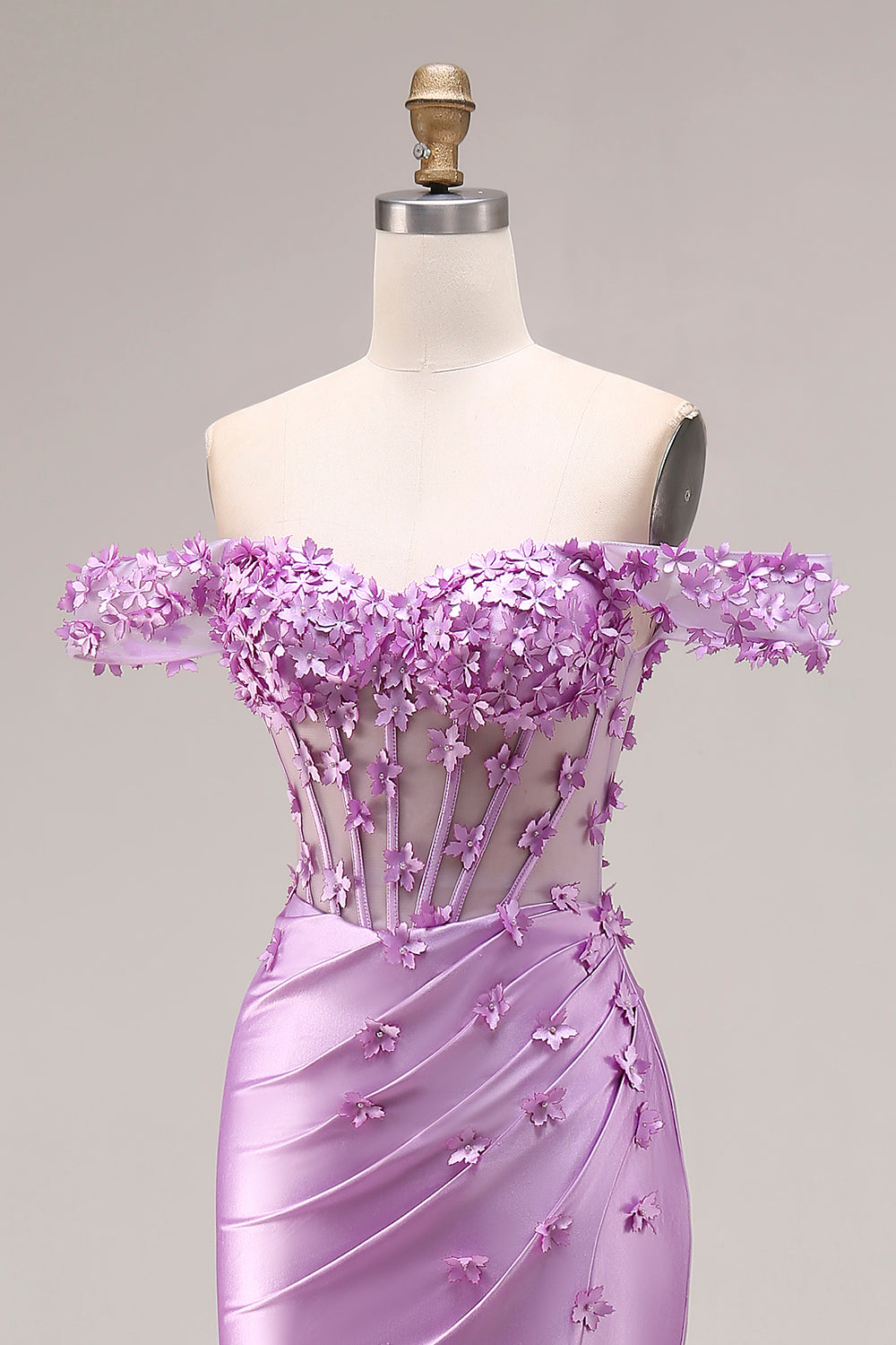 Purple Floral Mermaid Off the Shoulder Long Corset Prom Dress with 3D Flowers