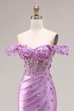 Purple Floral Mermaid Off the Shoulder Long Corset Prom Dress with 3D Flowers