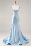 Sky Blue Satin Mermaid Cut Out Long Corset Prom Dress with Appliques