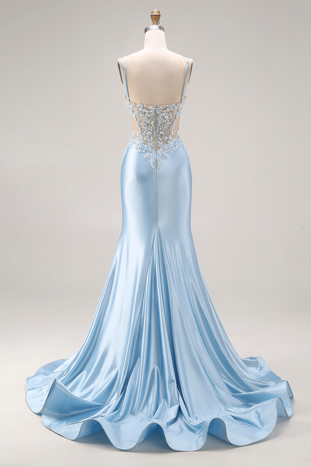 Sky Blue Satin Mermaid Cut Out Long Corset Prom Dress with Appliques
