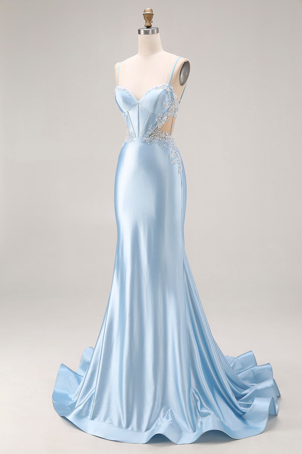 Sky Blue Satin Mermaid Cut Out Long Corset Prom Dress with Appliques
