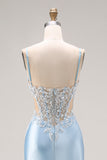 Sky Blue Satin Mermaid Cut Out Long Corset Prom Dress with Appliques
