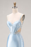 Sky Blue Satin Mermaid Cut Out Long Corset Prom Dress with Appliques