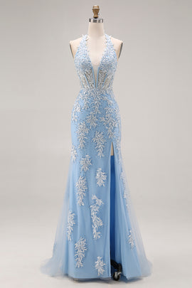 Sky Blue Mermaid Appliqued Halter Long Corset Prom Dress with Slit