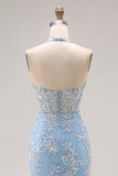 Sky Blue Mermaid Appliqued Halter Long Corset Prom Dress with Slit