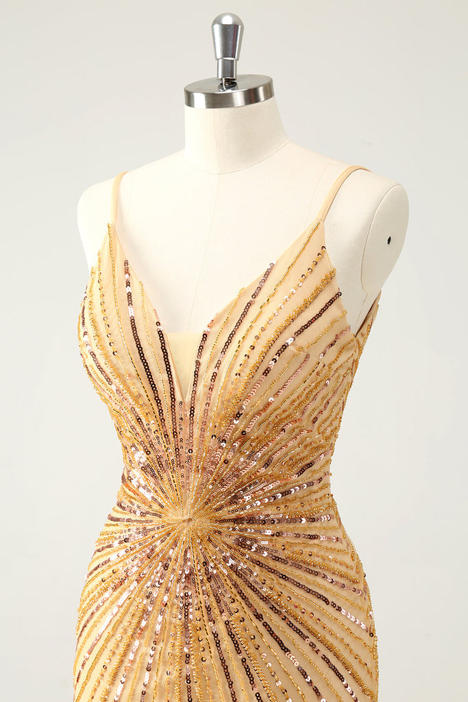 Gorgeous Gold Spaghetti Straps Sequin Beaded Sheath Cocktail Dress Formal Homecoming Dress Y9490 main image 1