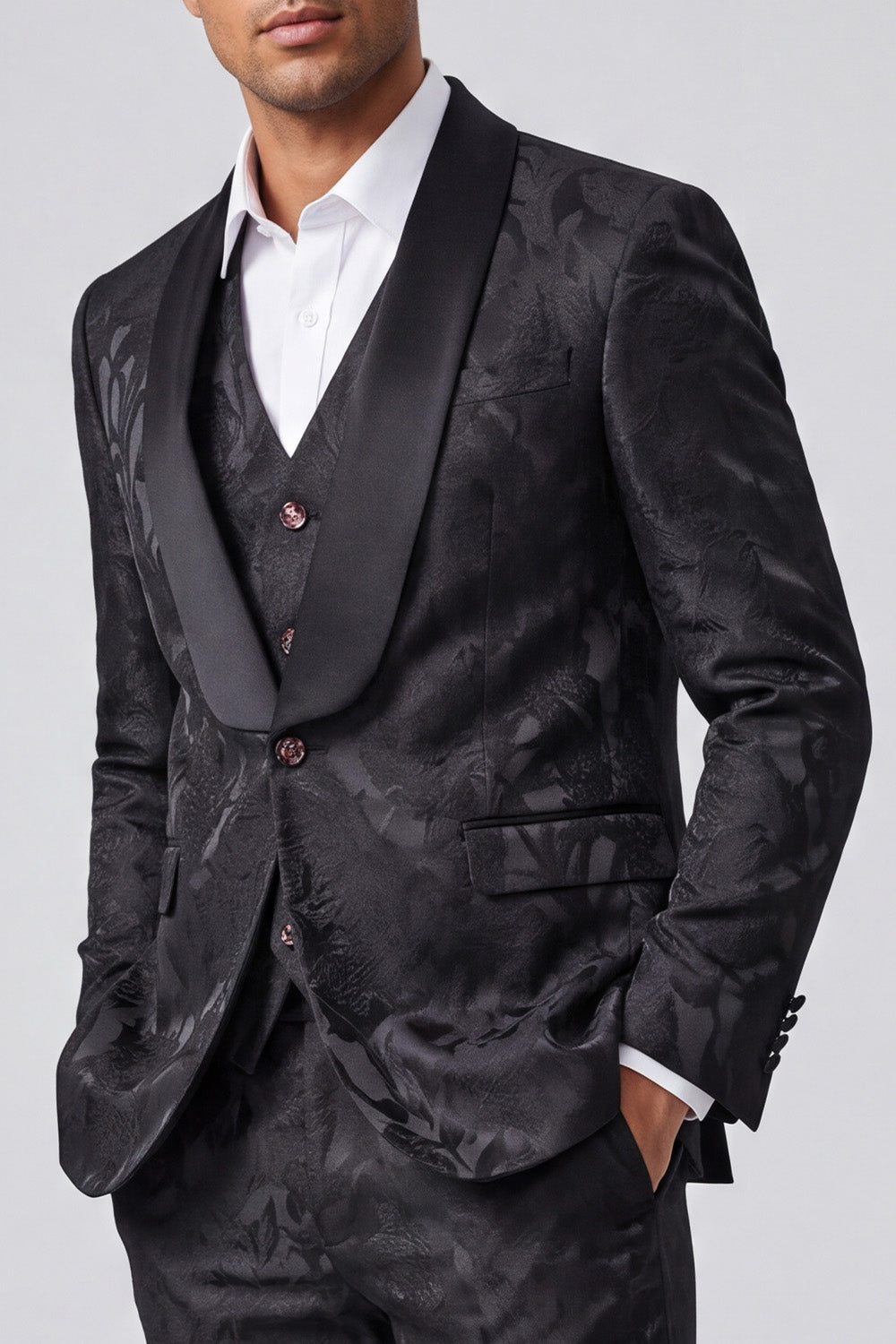 Jacquard Black Shawl 3 Pieces Lapel Men's Suits