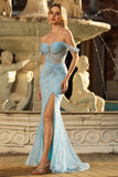 Sparkly Blue Mermaid Off the Shoulder Long Corset Prom Dress with Slit