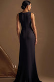 Simple Black Sheath Satin Boat Neck Long Evening Dress
