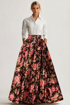 Black and White Pink Floral Collar Neck A Line Long Wedding Guest Dress with Sleeves