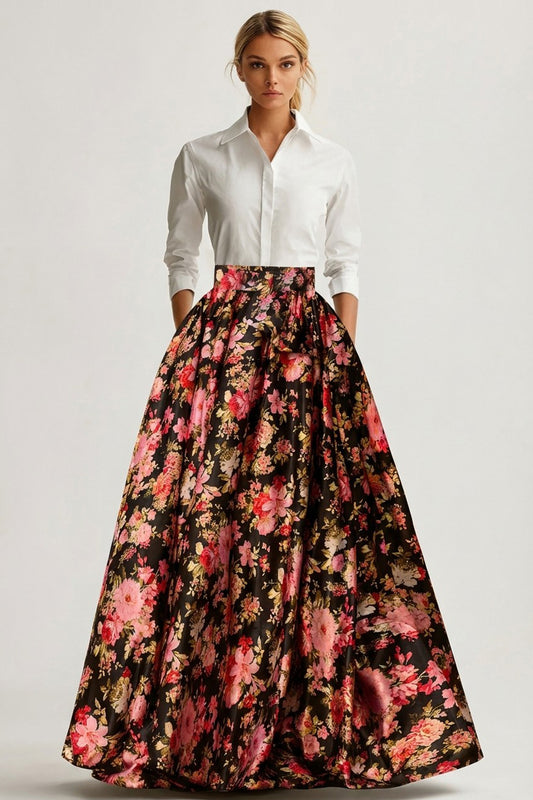 Black and White Pink Floral Collar Neck A Line Long Wedding Guest Dress with Sleeves