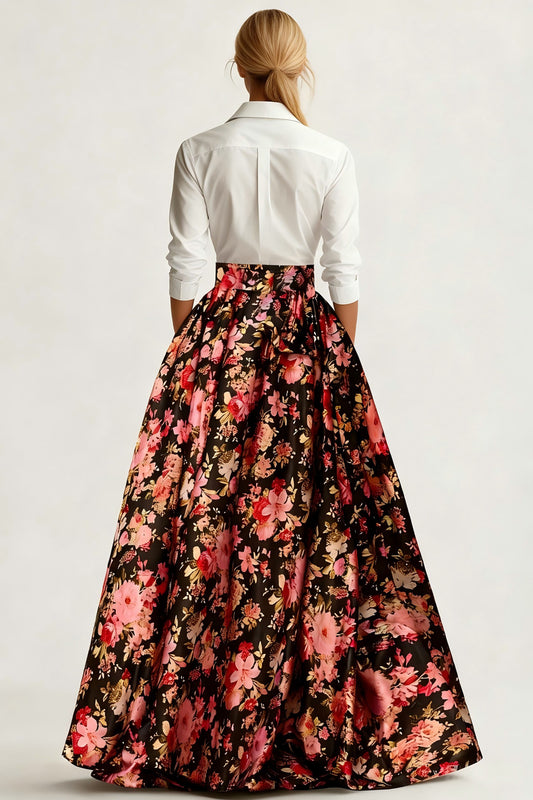Black and White Pink Floral Collar Neck A Line Long Wedding Guest Dress with Sleeves