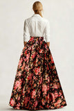 Black and White Pink Floral Collar Neck A Line Long Wedding Guest Dress with Sleeves