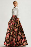 Black and White Pink Floral Collar Neck A Line Long Wedding Guest Dress with Sleeves