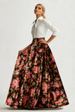 Black and White Pink Floral Collar Neck A Line Long Wedding Guest Dress with Sleeves