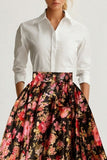 Black and White Pink Floral Collar Neck A Line Long Wedding Guest Dress with Sleeves