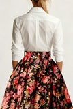 Black and White Pink Floral Collar Neck A Line Long Wedding Guest Dress with Sleeves