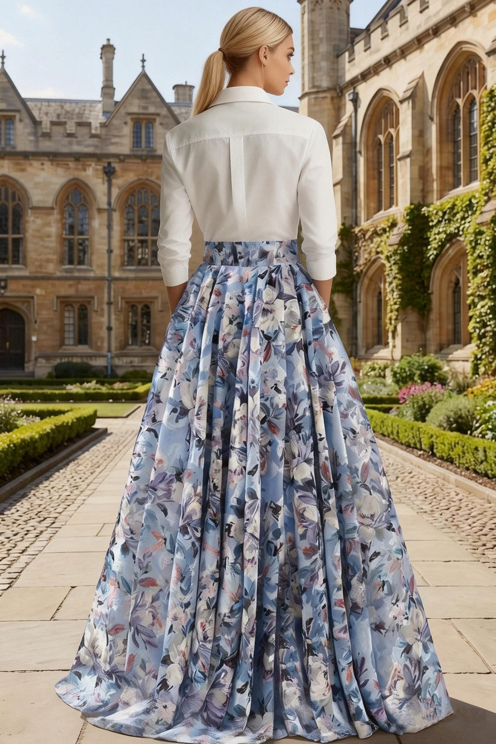 Floral White and Blue A Line Collar Neck Long Sleeves Wedding Guest Dress