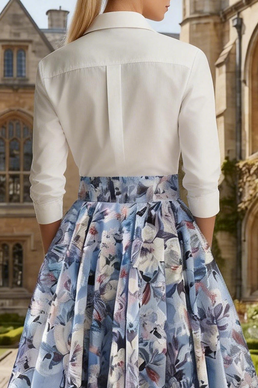 Floral White and Blue A Line Collar Neck Long Sleeves Wedding Guest Dress
