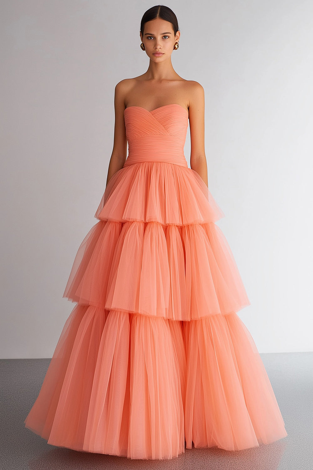 Light Orange Tiered Organza Sweetheart A Line Long Prom Dress