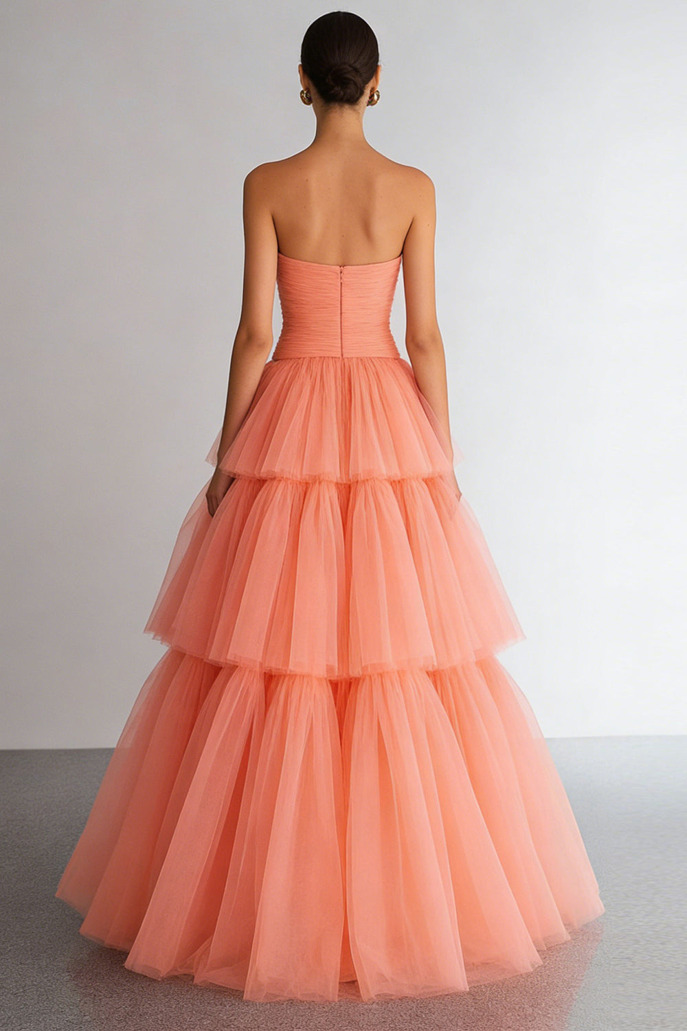 Light Orange Tiered Organza Sweetheart A Line Long Prom Dress