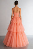 Light Orange Tiered Organza Sweetheart A Line Long Prom Dress