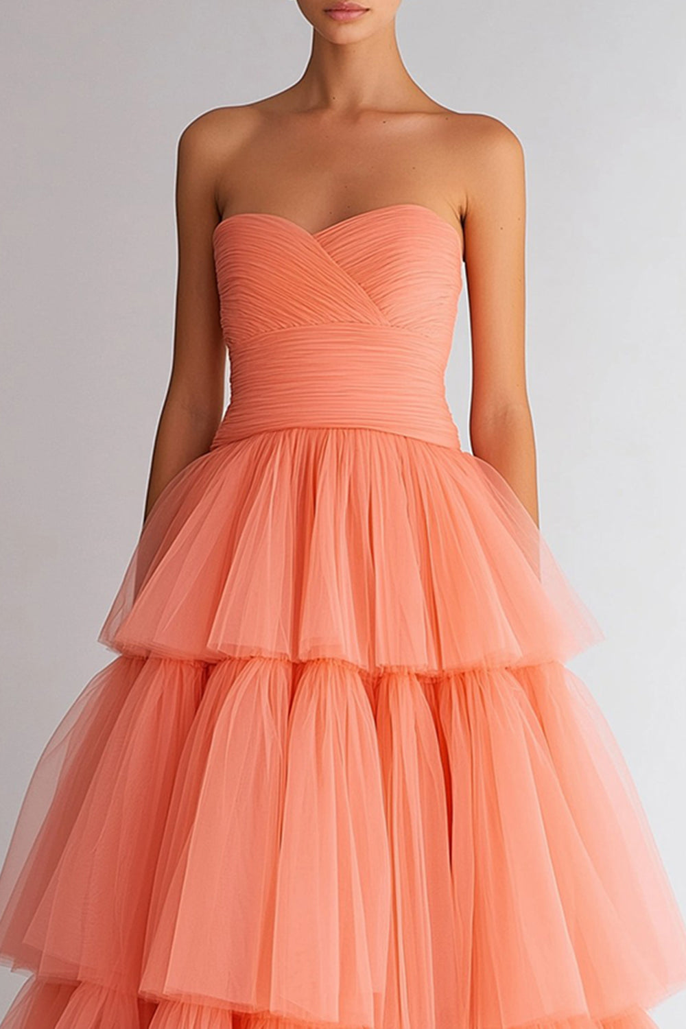 Light Orange Tiered Organza Sweetheart A Line Long Prom Dress