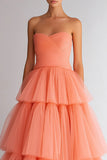 Light Orange Tiered Organza Sweetheart A Line Long Prom Dress