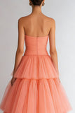 Light Orange Tiered Organza Sweetheart A Line Long Prom Dress