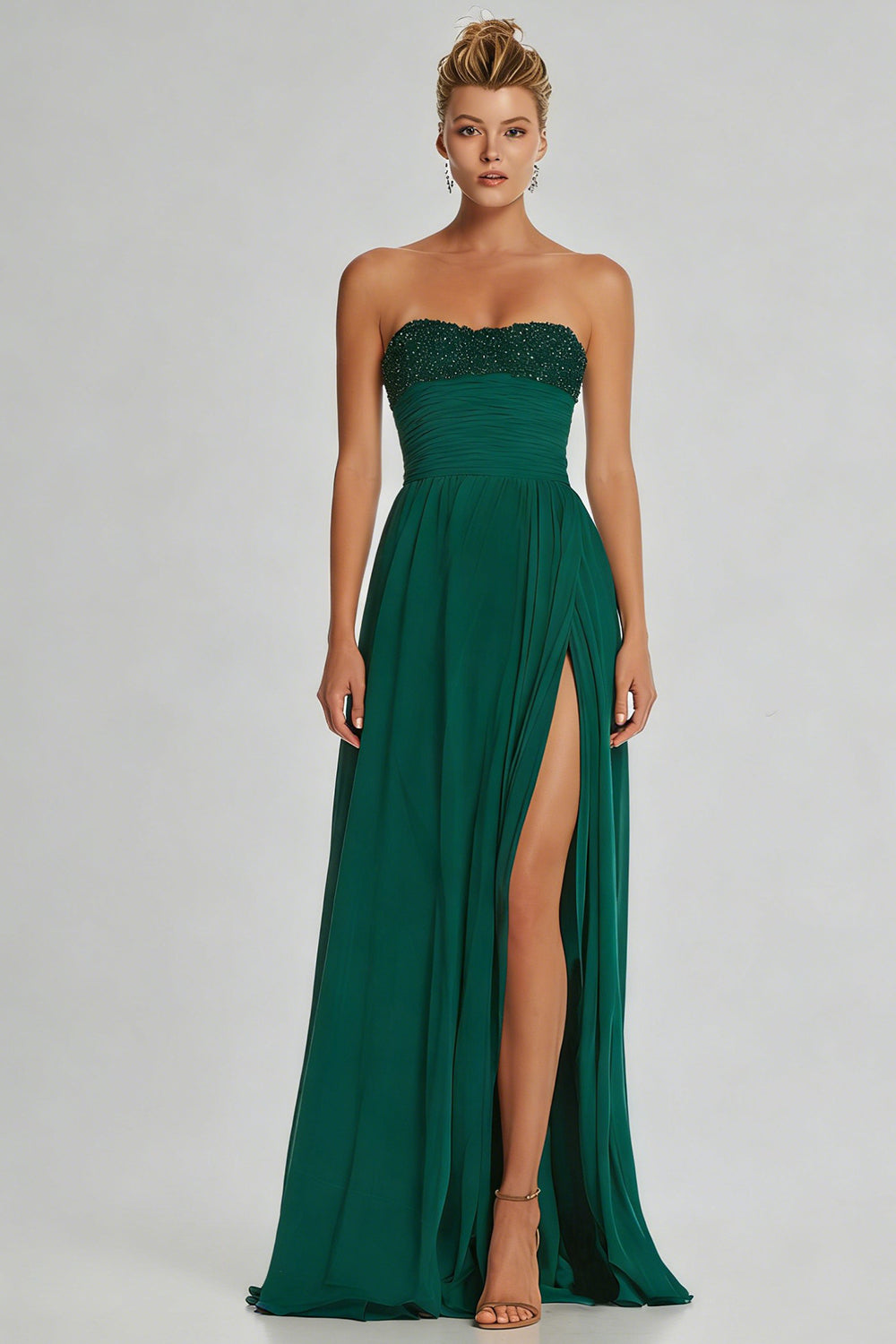 Simple Dark Green Sheath Strapless Beaded Long Prom Dress with Slit