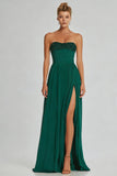 Simple Dark Green Sheath Strapless Beaded Long Prom Dress with Slit