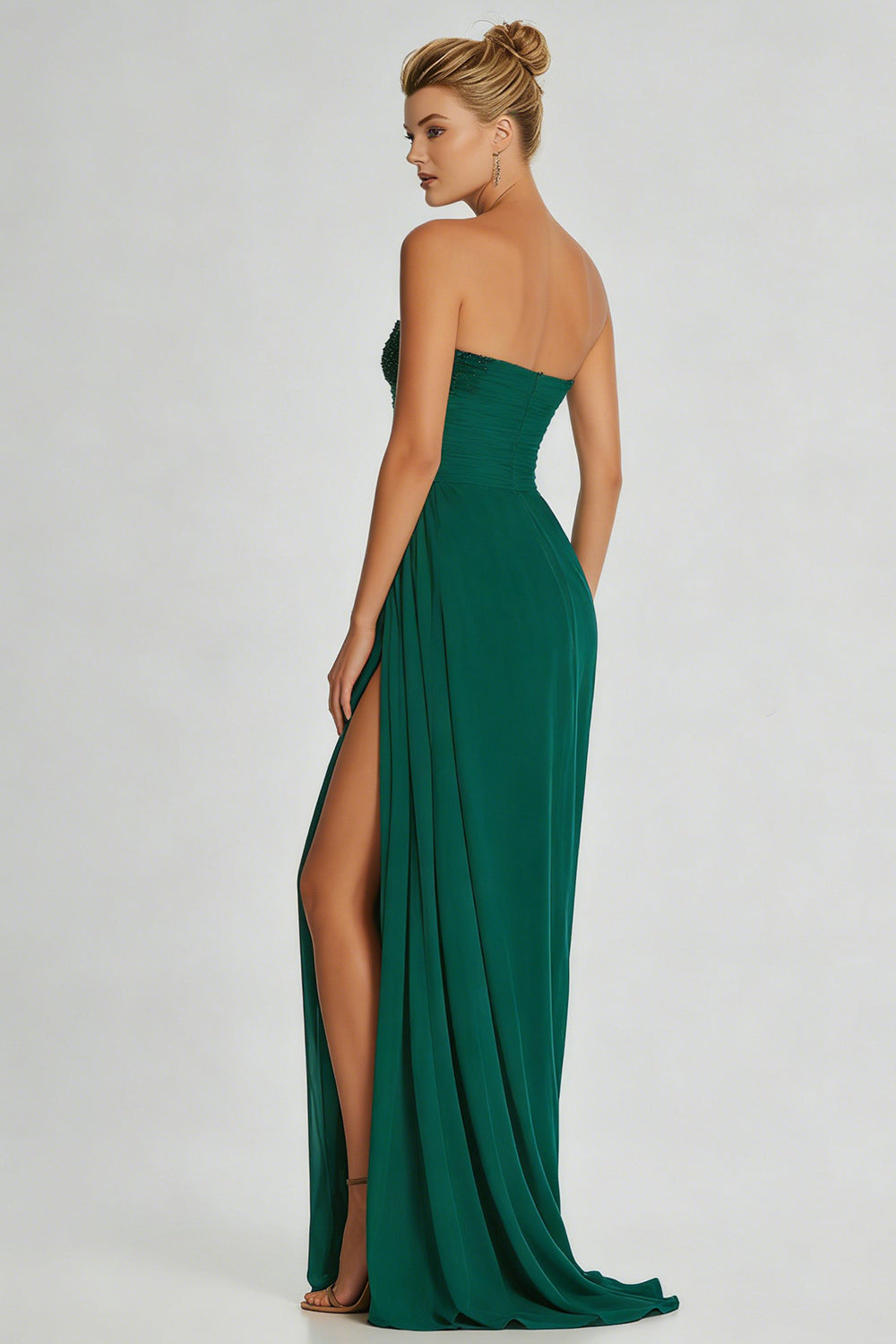 Simple Dark Green Sheath Strapless Beaded Long Prom Dress with Slit