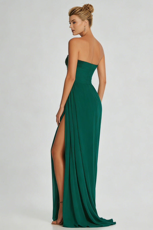 Simple Dark Green Sheath Strapless Beaded Long Prom Dress with Slit