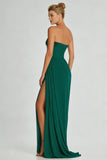 Simple Dark Green Sheath Strapless Beaded Long Prom Dress with Slit