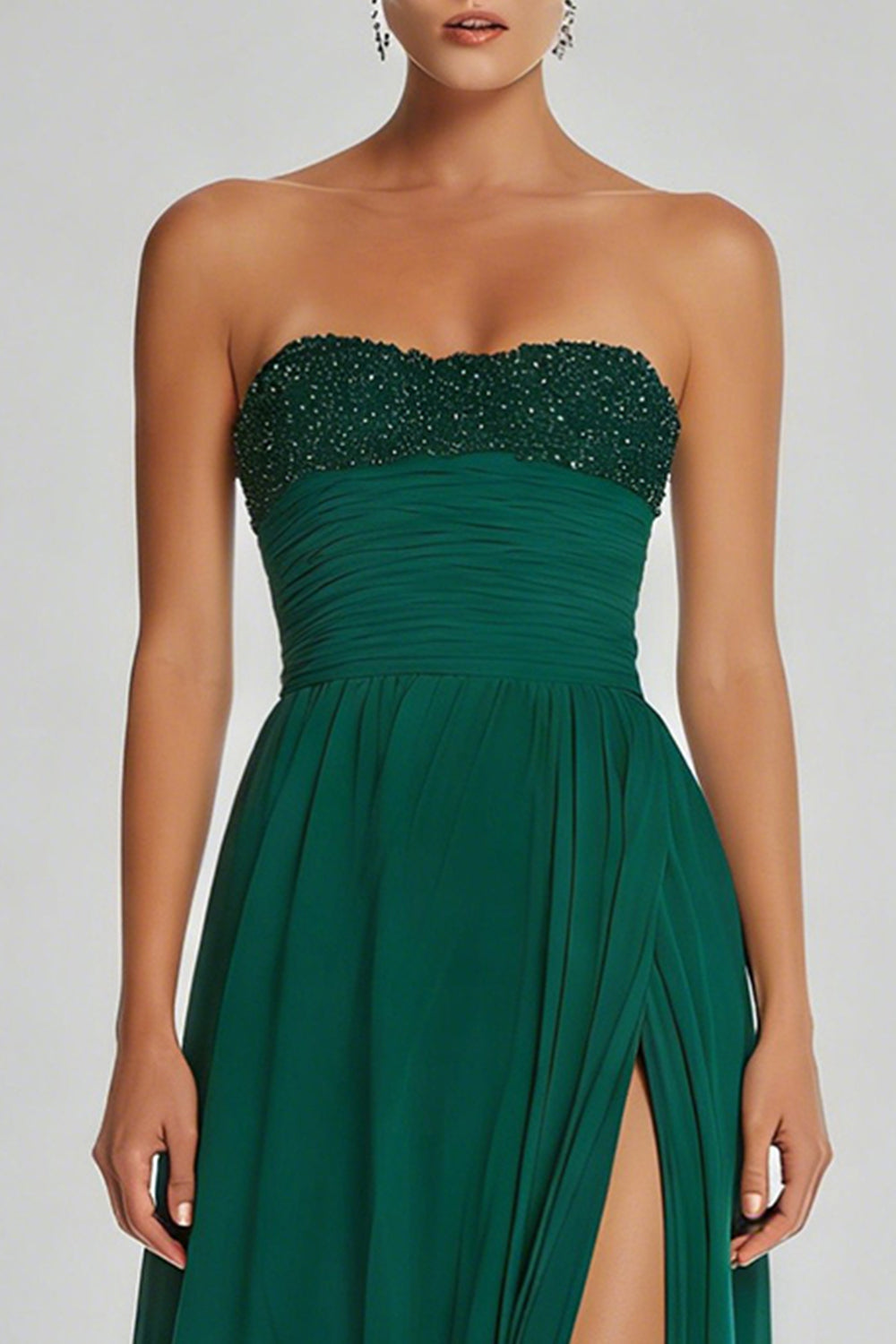 Simple Dark Green Sheath Strapless Beaded Long Prom Dress with Slit