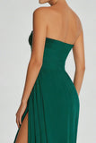 Simple Dark Green Sheath Strapless Beaded Long Prom Dress with Slit