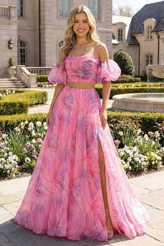 Pink Floral 2 Piece Off the Shoulder A Line Long Prom Dress with Slit