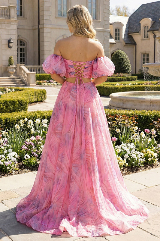 Pink Floral 2 Piece Off the Shoulder A Line Long Prom Dress with Slit
