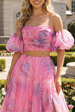 Pink Floral 2 Piece Off the Shoulder A Line Long Prom Dress with Slit
