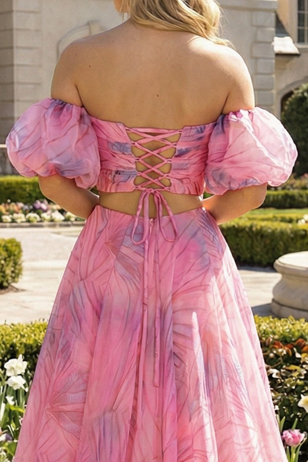 Pink Floral 2 Piece Off the Shoulder A Line Long Prom Dress with Slit