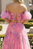 Pink Floral 2 Piece Off the Shoulder A Line Long Prom Dress with Slit