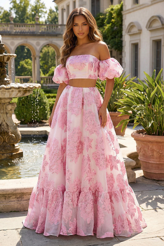 2 Piece Floral Pink Off the Shoulder A Line Long Prom Dress with Ruffles