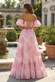 2 Piece Floral Pink Off the Shoulder A Line Long Prom Dress with Ruffles