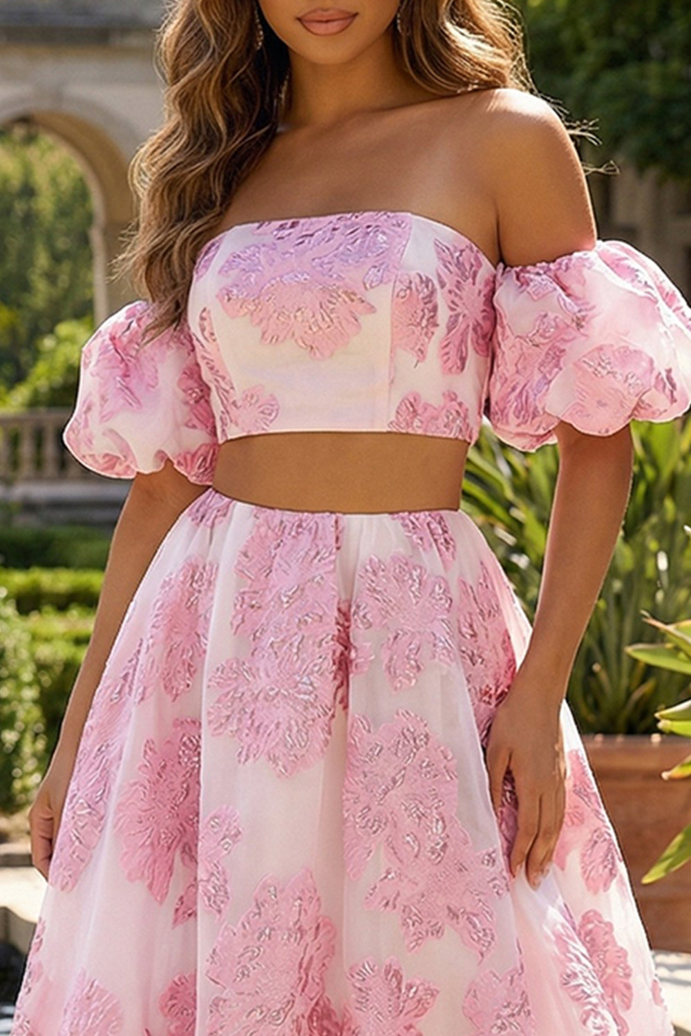 2 Piece Floral Pink Off the Shoulder A Line Long Prom Dress with Ruffles