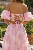 2 Piece Floral Pink Off the Shoulder A Line Long Prom Dress with Ruffles