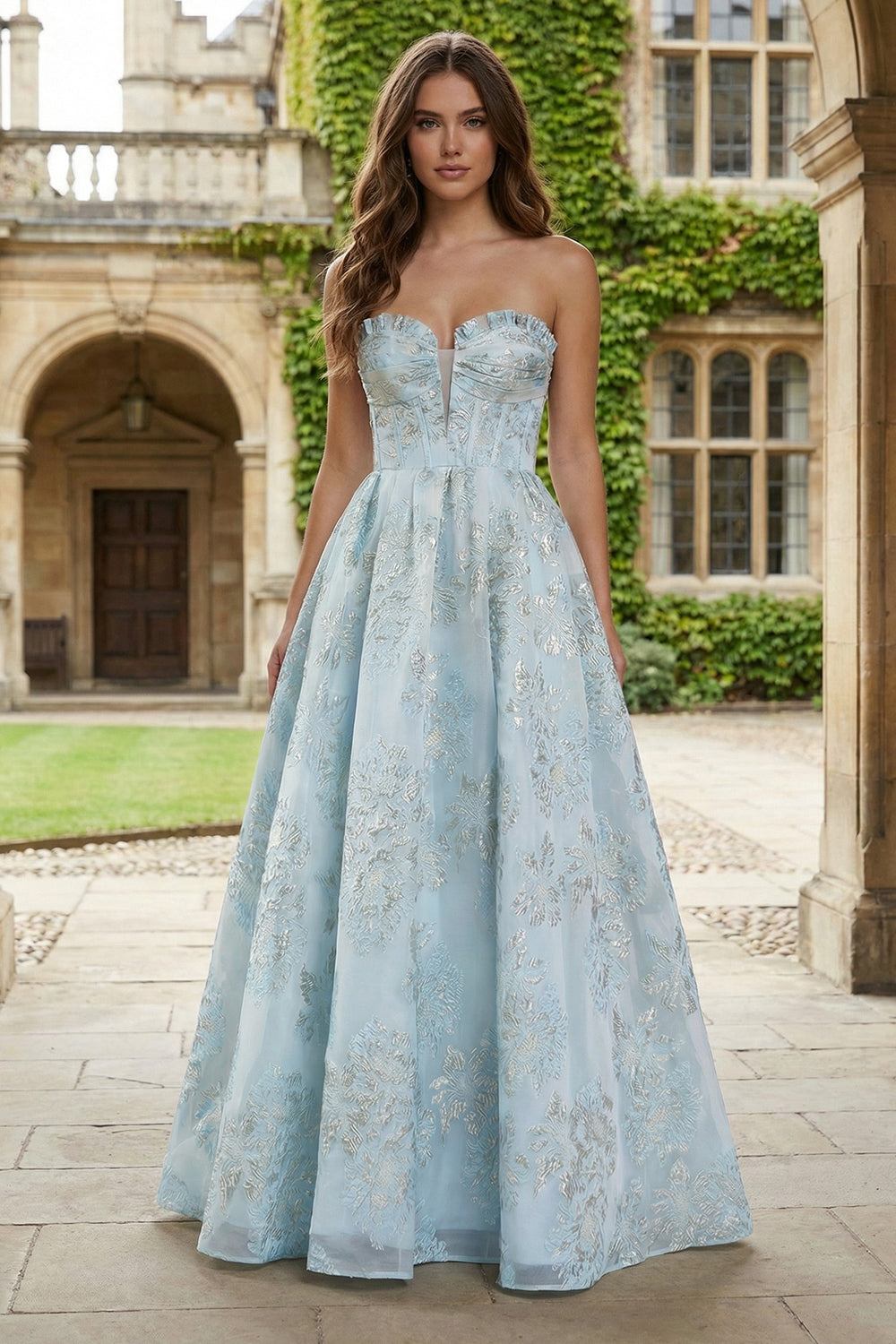 Floral Light Blue Sweetheart A Line Long Corset Prom Dress