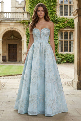 Floral Light Blue Sweetheart A Line Long Corset Prom Dress