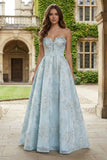 Floral Light Blue Sweetheart A Line Long Corset Prom Dress